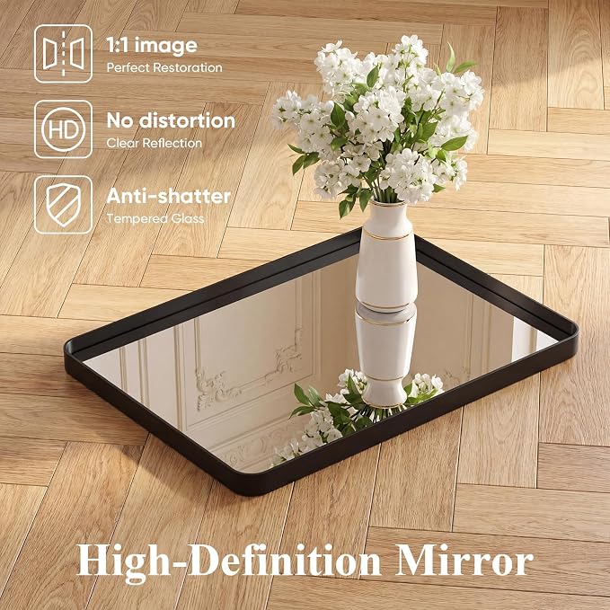 Sweetcrispy Bathroom Wall Mirror, 48x30 Inch Wall Mount Mirror for Over Sink, Modern Rounded Rectangle Vanity Mirrors with Matte Metal Framed, for Home Decor, Living Room, Bedroom, Black