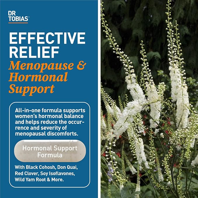Dr. Tobias Menopause Relief with Black Cohosh, Soy Isoflavones, Don Quai, Hot Flash & Night Sweats Relief for Women, Non-GMO Menopause Supplements for Women, 60 Capsules, 30 Servings