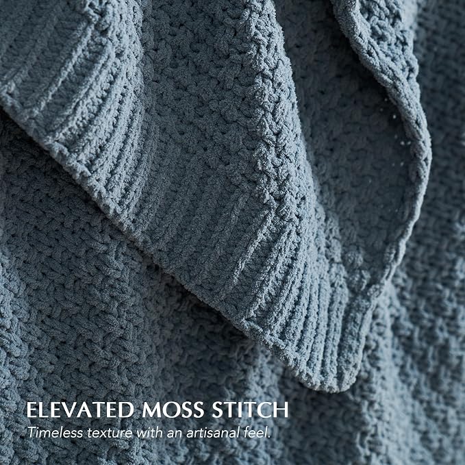 EVERGRACEHOME Chunky Chenille Knit Throw Blanket, 90 x 90, Stormy Blue | Sculpted Moss Stitch, Chic Modern Farmhouse, All-Season Warmth, OEKO-TEX® Certified, Oversized Queen for Couch, Bed, Sofa