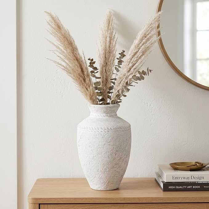 White Ceramic Flower Vase Home Decor 10 Inch Rustic Farmhouse Vase Decorative Pottery Terracotta Vases for Pampas Grass Dining Table Living Room Shelf Kitchen Bedroom Decor