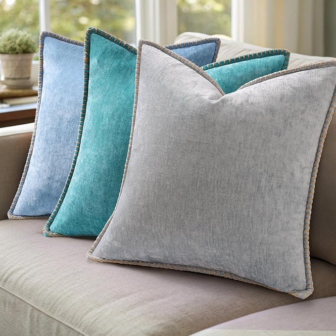 decorUhome Soft Chenille Throw Pillow Covers 16x16 Set of 2 Neutral Gray | Fall Textured Decorative Throw Pillow Cases Stitched Edge Modern Farmhouse Luxury Boho Velvet for Couch Sofa Bed Home Decor
