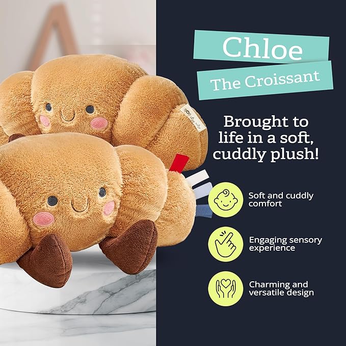Itzy Ritzy Snuggles Plush Toy – Soft Stuffed Animal for Babies, Kids & Adults – Sensory Ribbons & Textured Fabrics for Tactile Play – Cozy & Cuddly Companion for Newborns & Up (Croissant)