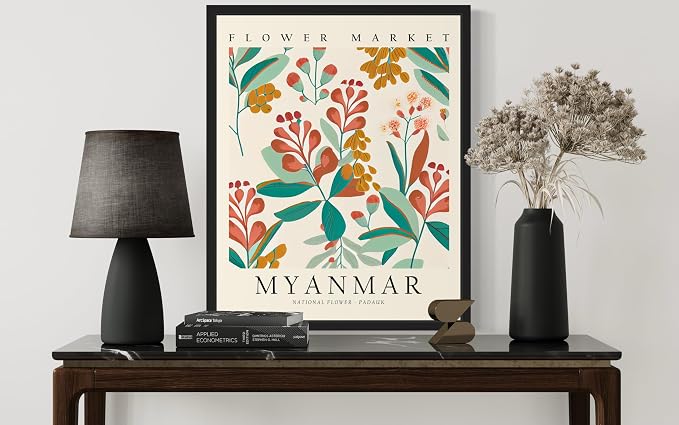 Myanmar Flower Market Art Print Poster, Wall Art Floral Painting Botanical Decor for Bedroom, Kitchen, Bathroom Livingroom Decoration 82B (Myanmar,10"L x 8"W, Black Frame)