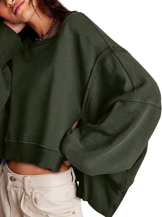 Zwurew Womens Casual Sweatshirt Cropped Shirts | Loose Fit, Tee Top, Pullover, Crop Hem, Design Trim, Daily Tops