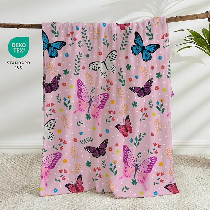 Wajade Butterfly Throw Blanket for Girls Teens Women Pink Soft Fuzzy Flannel Bed Blanket for Couch Sofa Bedroom Plush Colorful Flowers Blankets 50”x60”