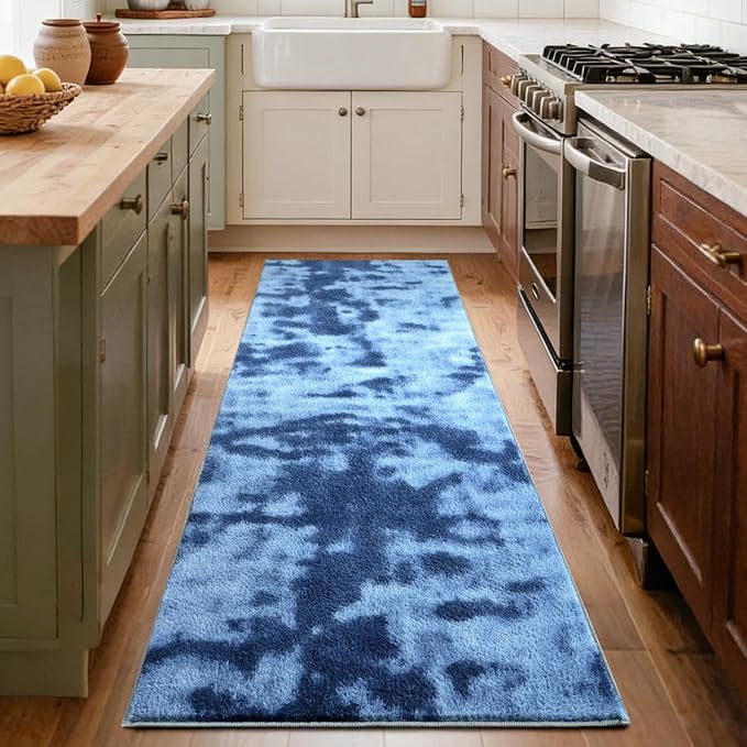 FinRèc 2x8 Washable Runner Rugs for Kitchen Hallway Bedroom, Low Pile Thin Ultra Soft Shag Rug, Non-Slip Carpet Indoor for Home Decor (Tie-dye Teal)