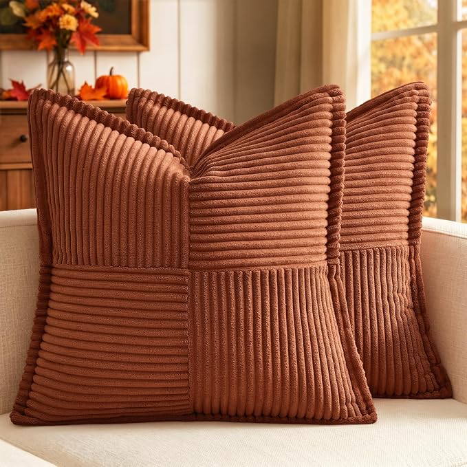 MIULEE Fall Rust Decorative Throw Pillow Covers for Couch 16x16 Inch | 2 Pack, Terracotta Boho Broadside Striped Patchwork Pillow Covers, Soft Corduroy Cushion Cases, For Sofa Bed Livingroom