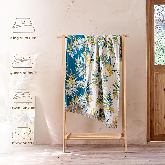 LUTBM Boho Throw Blanket for Couch 50"x60", Cotton Decorative Bed Throws | Reversible Leaves Jacquard, All-Season Lightweight Soft Blanket, For Chair Sofa Bedroom Living Room Decor, Home Accent Gift