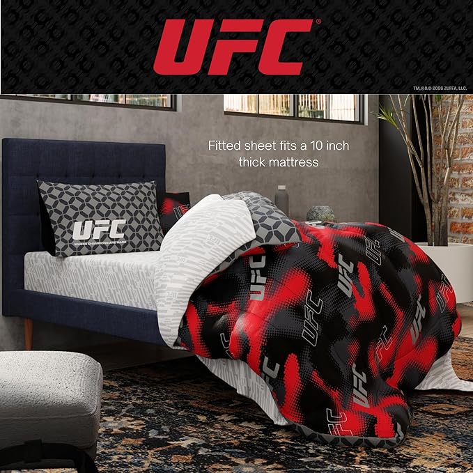 UFC Fight Night Bedding Set, Full Size 7 Piece Set Super Soft Cozy Reversible Comforter and Sheet Set with Sham, (100% Officially Licensed Product) by Franco