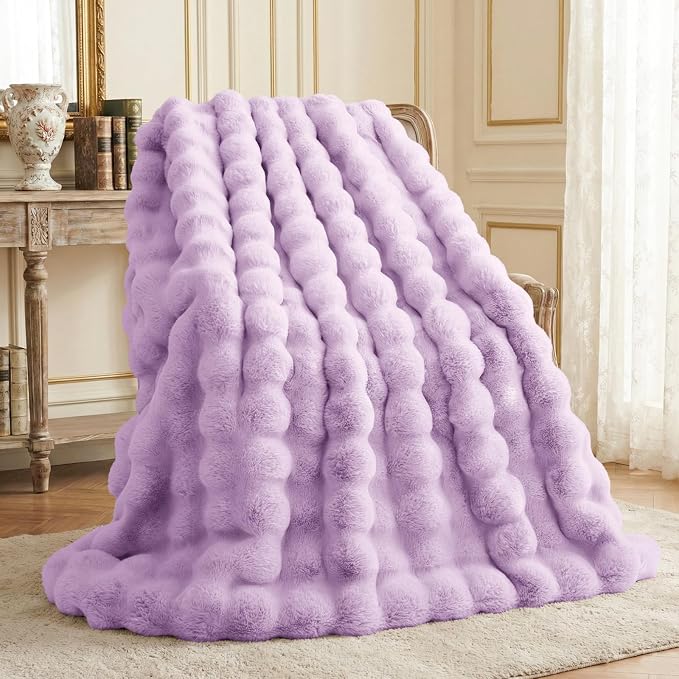 L'AGRATY Faux Rabbit Fur Throw Blanket for Couch, 60'' x 80'', Purple | Soft Cozy Bubble Fluffy Blanket for Sofa Bed, Thick Warm Plush Fuzzy Throw for Room Home Decor, Luxury Gift for Women Mom