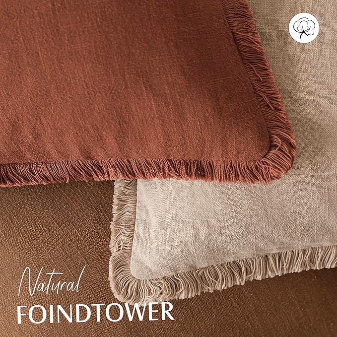 Foindtower Set of 2 Decorative Linen Fringe Throw Pillow Covers Boho Farmhouse Cushion Cover with Tassels Soft Accent Pillowcase for Couch Sofa Bed Living Room Home Decor, 26×26 Inch, Fall Rust Orange