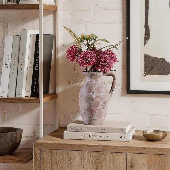 Ceramic Flower Vase with Handle, 9.65 inch Tall Ceramic Vase Home Decor Farmhouse Vases Terracotta Table Vases for Living Room Bathroom Modern Coffee Table Centerpieces Bookshelf Kitchen Fireplace