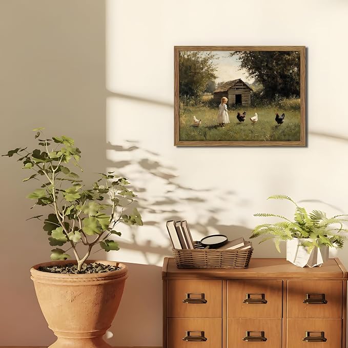 Vintage Country Framed Wall Art, Little Girl and Chick Canvas Prints, Rustic Landscape Picture Painting, Pastoral Farmhouse Wall Decor for Living Room Bedroom – Dark Wooden Frame 16x24in
