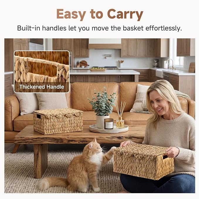 StorageWorks Scalloped Wicker Basket with Lid, Woven Water Hyacinth Basket | Rattan Storage Baskets with Scalloped Edge, Basket with Lid Decorative Storage, Woven Wicker Basket for Living Room, Bedroom