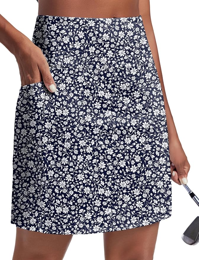 PINSPARK 19" Knee Length Skorts for Woman with Pockets UPF 50+ Golf Skirts | 4 Pockets, Built-in Shorts, High Waisted & Tummy Control, Moisture-wicking for Golf Athletic Tennis Workout Casual