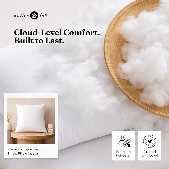 Native Fab Throw Pillow Inserts, Pack of 4, 18x18 Inches, White Polyester, Soft Decorative Cushion Fillers for Bed, Couch, Living Room, Reading Corner, Stylish Support & Home Comfort