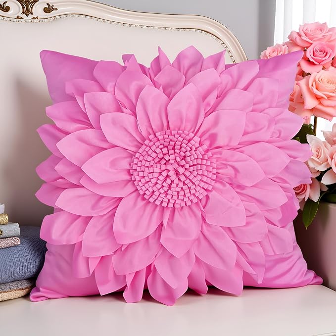 Hot Pink Accent 3D Flower Decorative Throw Pillow Covers for Bed Sofa Couch | Bella's Giftshop Handmade Sunflower Taffeta Pillow Cases Living Room Bedroom Decor, 18x18 Inch