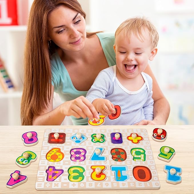 SYNARRY Wooden Puzzles for Toddlers 1-3, 6XSET Puzzles for Toddlers 2-4 with Rack, Learning Alphabet Number Shape Animal Dinosaur, Toddler Valentines Day Easter Basket Stuffers Gifts Toys for Boy Girl