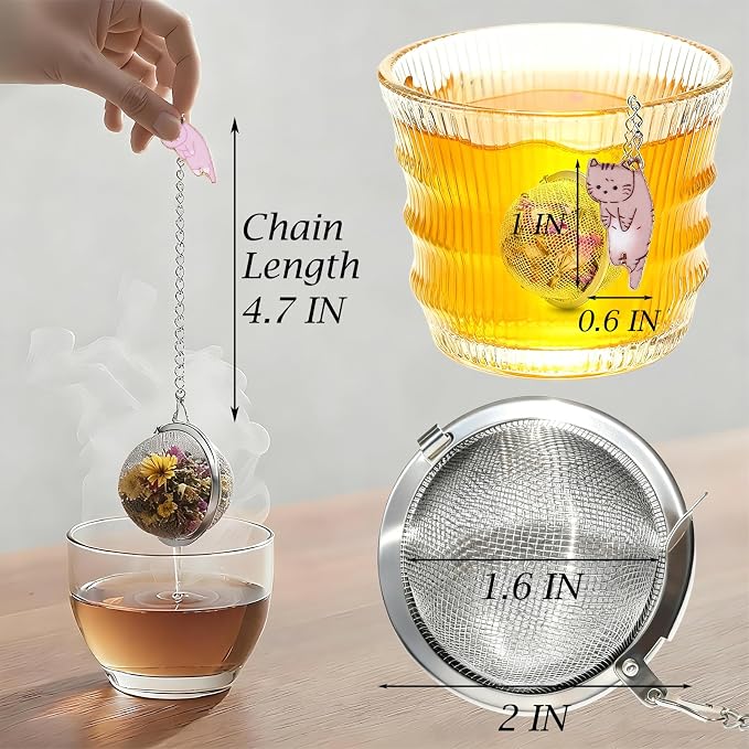 Cat Tea Infuser Set 2PCS, Loose Leaf Tea Strainers with Cute Alloy Charm, Stainless Steel Mesh Steeper for Flower Fruits Spices Herbal Tea and Cold Brew