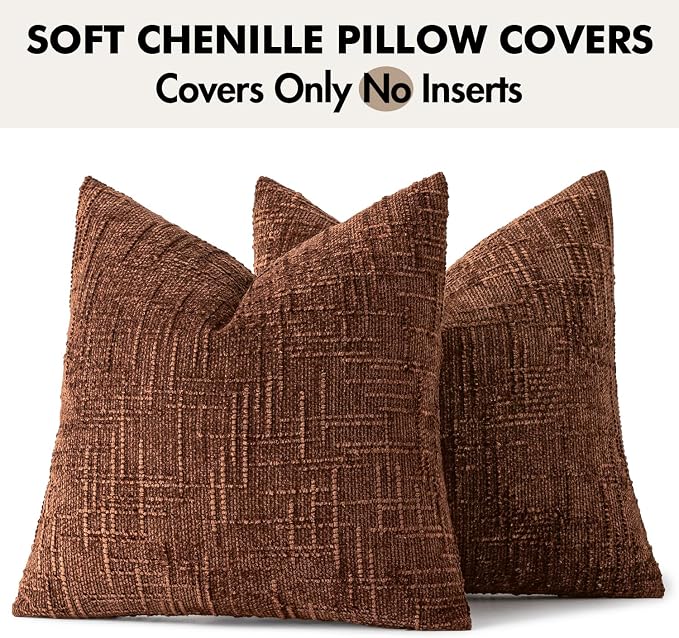 MIULEE Chenille Textured Throw Pillow Covers Terracotta 18x18 Set of 2 | Slubby Decorative Pillows, Boho Farmhouse Rustic Home Decor, Modern Neutral Cushion Covers for Couch Sofa Bed Living Room