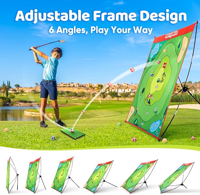 Golf Chipping Game Set : Portable 6-Angle Adjustable Practice Mat Set with 20 Sticky Balls for Indoor Outdoor Training & Family Fun (Golf Club Not Included)