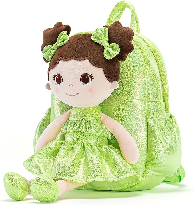 Lazada Toddler Backpack - Baby Girl Gifts Curly Fingerprints Plush Doll Dress Backpack - Fashion Girls Curly Rolled Fingerprints Series - Fluorescent Green 11 Inches