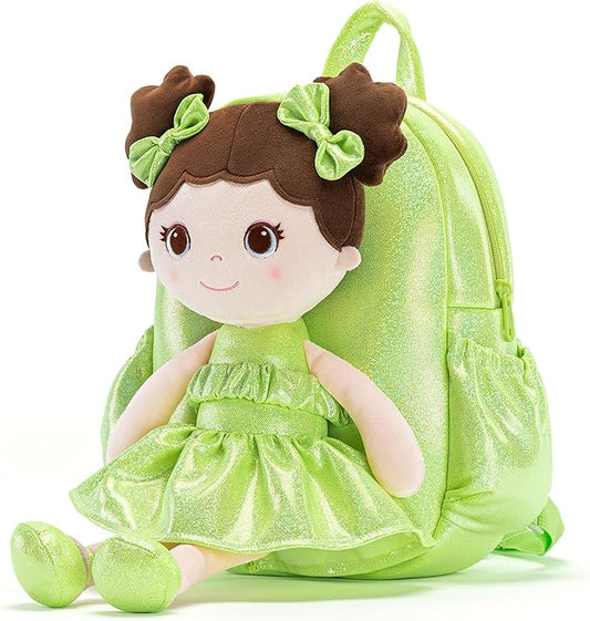 Lazada Toddler Backpack - Baby Girl Gifts Curly Fingerprints Plush Doll Dress Backpack - Fashion Girls Curly Rolled Fingerprints Series - Fluorescent Green 11 Inches