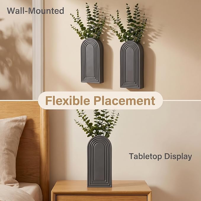Dnnnii 2 Pack Wooden Wall Vase Set - Gray Finish Modern Farmhouse & Boho Wall Decor for Entryway, Hallway, Bathroom, Living Room, Dining Room, Narrow Spaces