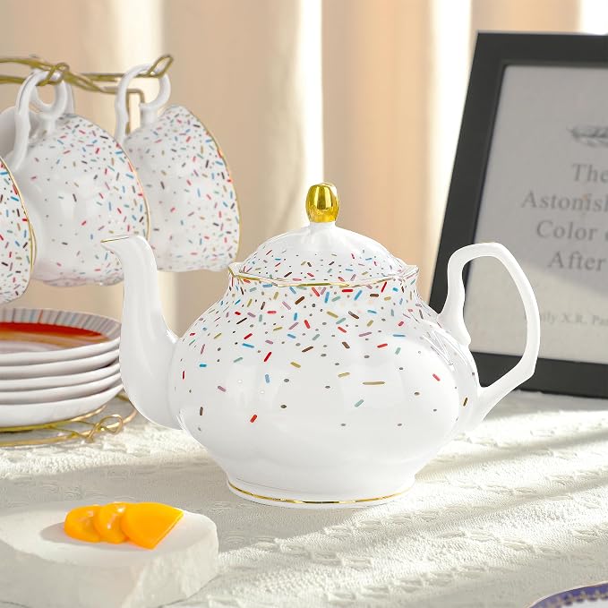 fanquare 21-Piece Colorful British Porcelain Tea Sets, 6 Cups and Saucers Set for Party, Rainbow Sprinkle Sugar Pattern Coffee Set for Adults, Birthday, Holiday, Celebrations