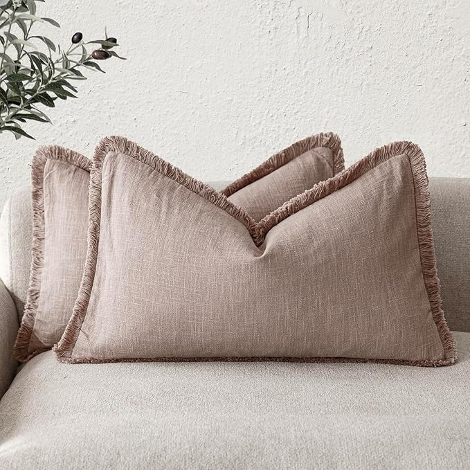 Foindtower Set of 2 Decorative Linen Fringe Lumbar Throw Pillow Covers Farmhouse Cushion Cover with Tassels Soft Accent Pillowcase for Couch Sofa Bed Living Room Home Decor,12×24 Inch,Dusty Pink