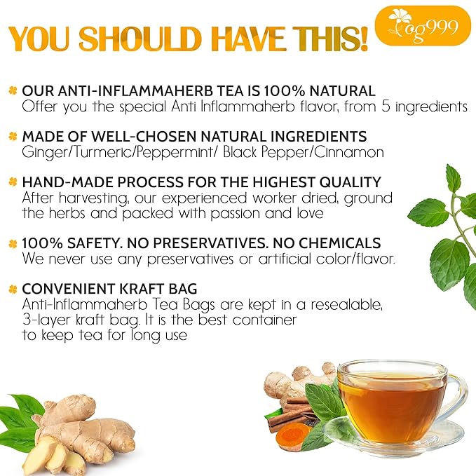 60 Tea Bags - Anti-Inflammaherb Loose Leaf Tea, 100% Natural from Ginger, Turmeric, Peppermint, Black Pepper, Cinnamon. Made with Natural Material Tea Bags. No Sugar, No Caffeine, No Gluten, Vegan.