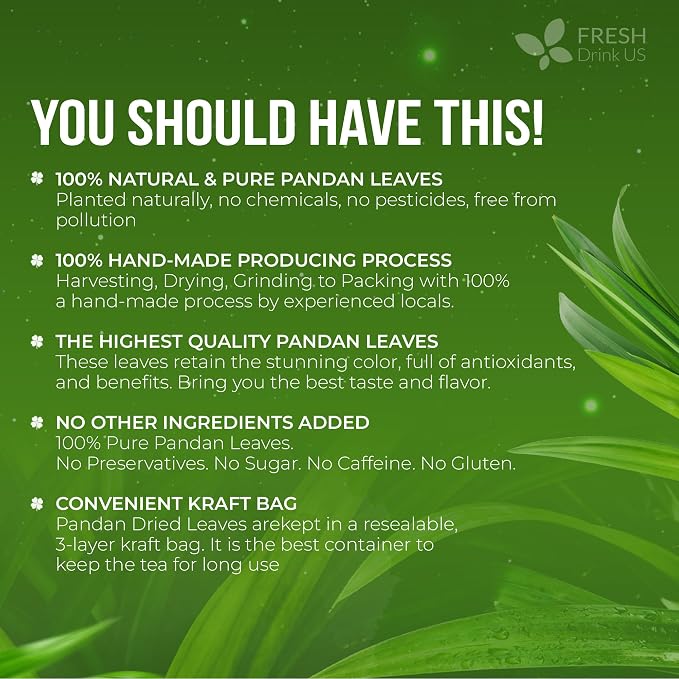 FreshDrinkUS, Premium 2oz Natural Pandan Leaves Dried, 100% Pure Dried Pandan Leaves, Pandan Leaf Tea, No Additives, No Caffeine, Vegan (2 oz Dried Leaves)
