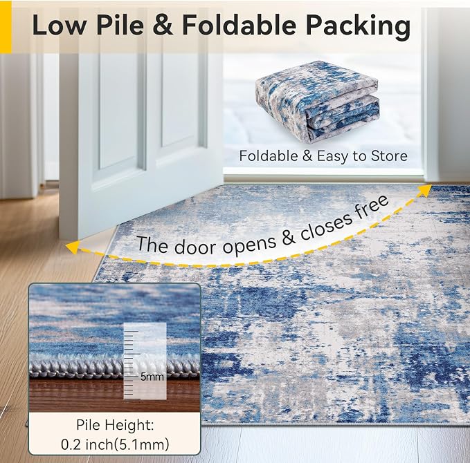 RELEANY Washable Round 4ft Area Rug for Living Room Blue Gray | carpet for bedroom, kitchen, office, hallway and entryway, printed pattern, non-slip, soft, stain-resistant, easy to clean