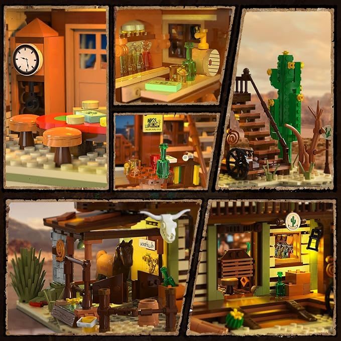 Western Saloon Building Set with LED Light, Wild West Building Block Toy 1727 PCS, Old West Construction Model with Horse Stable Carriage Cowboy Hat, House Building Kit for Adults Teens 12+