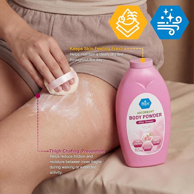 MED PRIDE Talc-Free Cornstarch Body Powder, Rose Scent, 13 oz Bottle