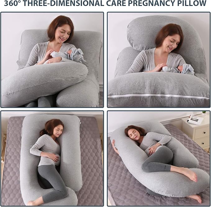 U-Shaped Full Body Pregnancy Pillow for Sleeping – 57" Maternity Pillow with Removable Cover, Support for Back, Legs, Belly & Hips (Jersey-LightGrey)