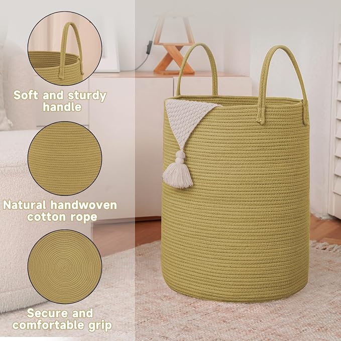 JMvicyroam 100L Cotton Rope Laundry Basket Hamper, Jute | Collapsible laundry basket, reinforced handles, freestanding, machine washable, holds 3-5 thick blankets, clothes or toys