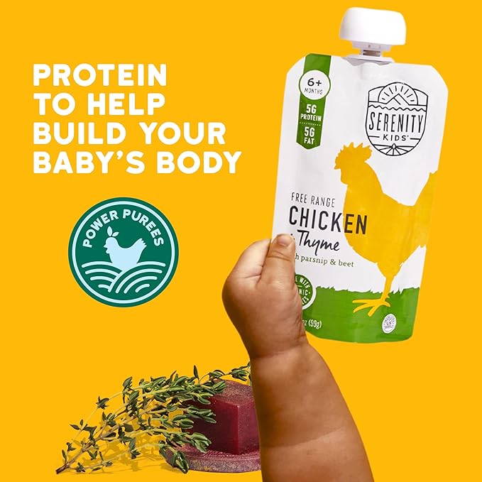 Serenity Kids 6+ Months Baby Food Pouch - Chicken & Thyme - 5g Protein Baby Meat Pouch - Organic Parsnip & Beet Puree - Savory Toddler Snacks - 3.5 Oz, 6 Pack