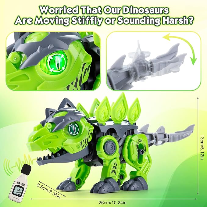 Electric Dinosaur Building Blocks, Self-Moving Stegosaurus with LED Glowing Eyes & Roar Sounds, STEM Learning Toys for Boys 6-8 Years, Educational Building Kit Gifts