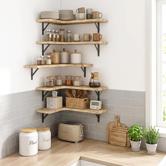 Fixwal Conner Shelves Wall Mounted for Decor, Carbonized Black 5pcs | Solid wood shelf with metal brackets, holds 40 lbs. Optimizes corner storage. Fits bathroom, kitchen, bedroom & living room.