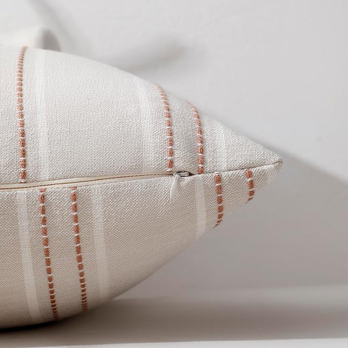 Hckot Terracotta Throw Pillow Covers 20x20 Set of 2 Striped Pillow Covers | Farmhouse Decorative Pillows Textured Linen Square Cushion Covers for Sofa Couch Bed Living Room Decor(Camel)