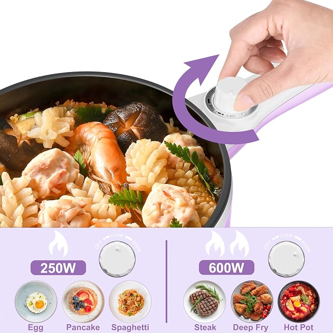 Dezin Hot Pot Electric, 1.5L Non-Stick Portable Electric Pot, Dual Power | 700W Upgraded Electric Pot for Cooking Steak, Egg, Oatmeal, Soup, Mini Ramen Cooker for Dorm, Travel, Camping, RV, Purple Pan