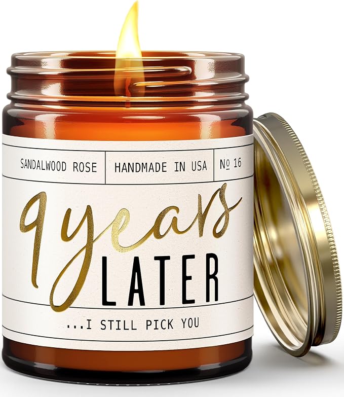 9 Year Gift for Anniversary for Her - '9 Years Later' Soy Candle, w/Sandalwood Rose - Infused w/Essential Oils I 9th Anniversary Wedding Gift for Wife I 50Hr Burn I USA Made