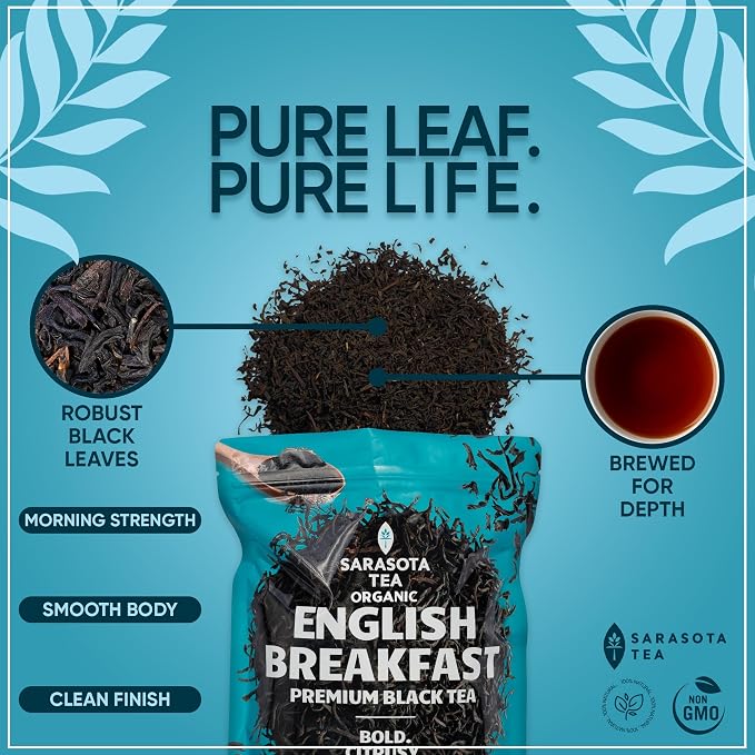 USDA Organic English Breakfast Loose Leaf Tea 1 lb – Strong Black Tea Blend, Full-Bodied High Caffeine – Bulk Gourmet Whole Leaf Tea – Non-GMO Fresh Leaves for Hot Tea or Iced Tea