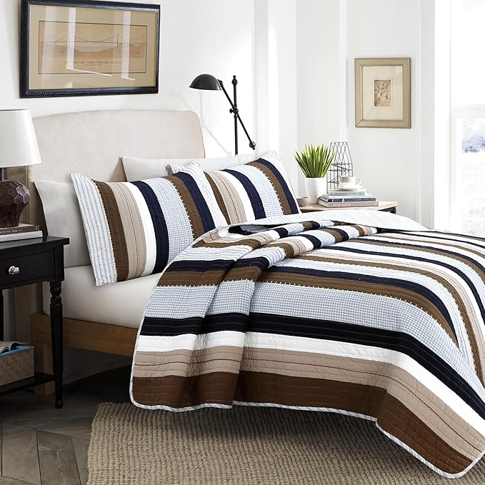 Cozy Line Home Fashions Sailor Navy Blue Star Striped Print Cotton Reversible Bedding Quilt Set (Nathan Stripe, King)