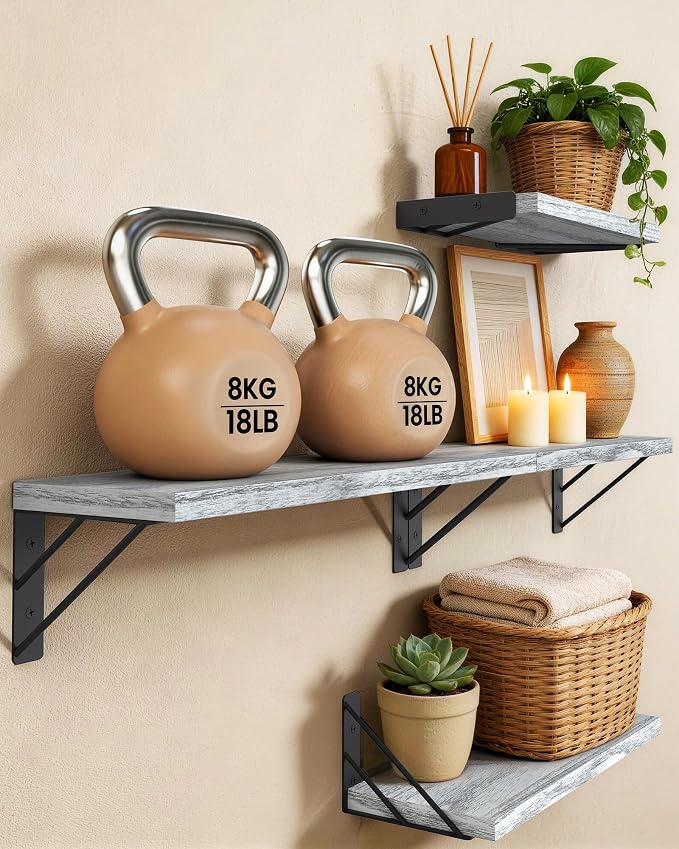 BAYKA Wall Shelves for Bedroom Decor, Floating Shelves for Living Room Kitchen Storage, Wall Mounted Rustic Wood Floating Shelves for Kids Books, Corner Shelf for Bathroom(Gray White，Set of 4)