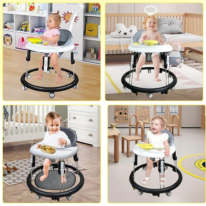 Foldable Baby Walker for Boys Girls, 5-in-1 Toddler Activity Walkers | Adjustable Height, Music Tray, Detachable Seat, Mute Wheels, Anti-Rollover, Knee Pads Socks Foot Pad, Portable, 8-24 Months