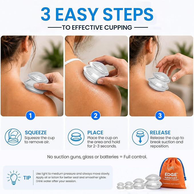 Lure Essentials Edge Silicone Cupping Set, Cupping Kit for Massage Therapy, Long Lasting Cups for Professional & Home Use, Body Sculpt Cup for Cellulite, Ultra Transparent Clear