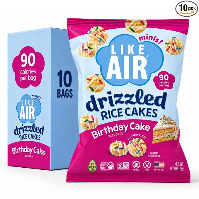 Like Air Drizzled Rice Cakes - Birthday Cake Snack Box(10ct) Vegan/Nut-Free | Birthday Cake Snack Pack (Pack of 10) - 90 Calories Per Bag, Gluten Free Snacks For Kids, Kosher