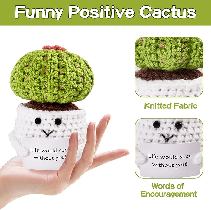 Hoedia Handmade Emotional Pickle Gift, Emotional Cucumber Crochet Doll Inspirational Gifts with Cards, Cute Knitted Funny Support Pickle Potato Friend Birthday (Positive Cactus)